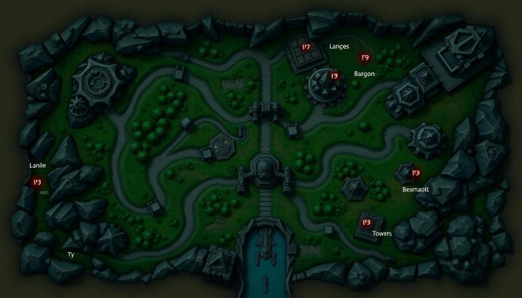 Карта Ущелья Призывателей в League of Legends с обозначением ключевых объектов Карта Ущелья Призывателей в League of Legends с обозначением ключевых объектов